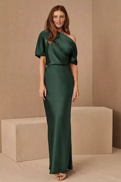 Shop Amsale Pryce Off-shoulder Satin Column Gown In Green