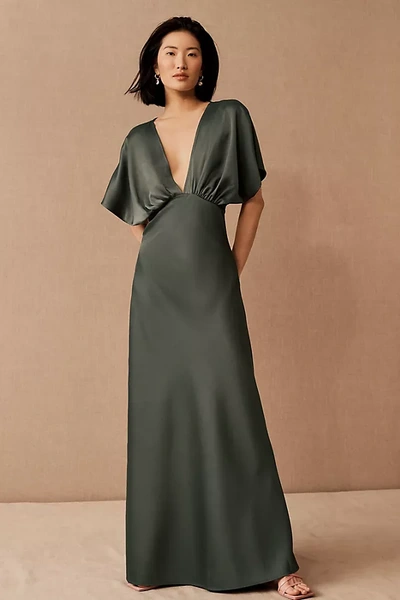 Shop Bhldn Leila Deep-v Flutter-sleeve Satin A-line Gown In Green