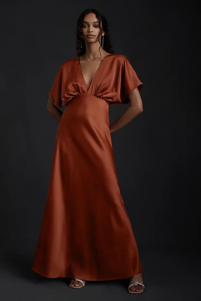 Shop Bhldn Leila Deep-v Flutter-sleeve Satin A-line Gown In Orange