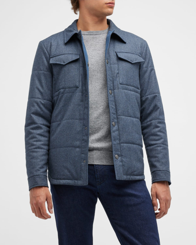 Shop Canali Men's Quilted Wool-cashmere Shirt Jacket In Blue