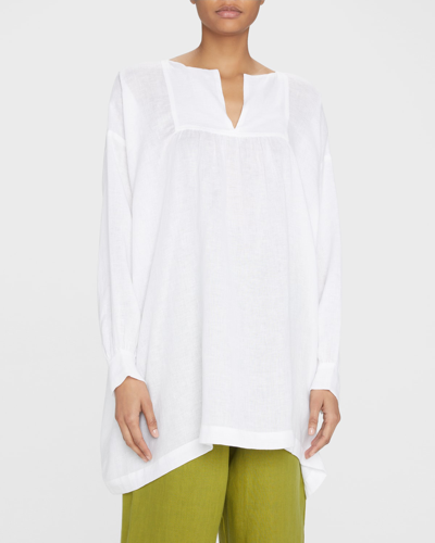 Shop Eskandar Slit-neck Linen Peasant Shirt (long Plus Length) In White