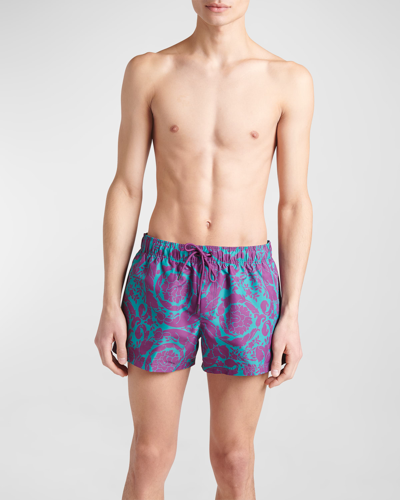 Shop Versace Men's Barocco Swim Shorts In Tealplum