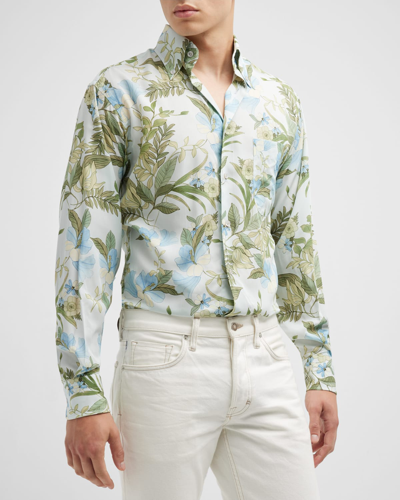 Shop Tom Ford Men's Floral-print Sport Shirt In Md Blu Fan