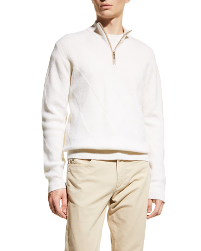 Shop Neiman Marcus Men's Wool-cashmere Argyle Quarter-zip Sweater In White