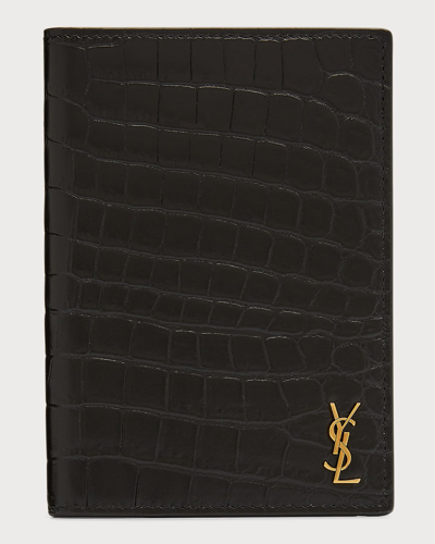 Shop Saint Laurent Men's Tiny Cassandre Croc-embossed Leather Passport Case In Nero