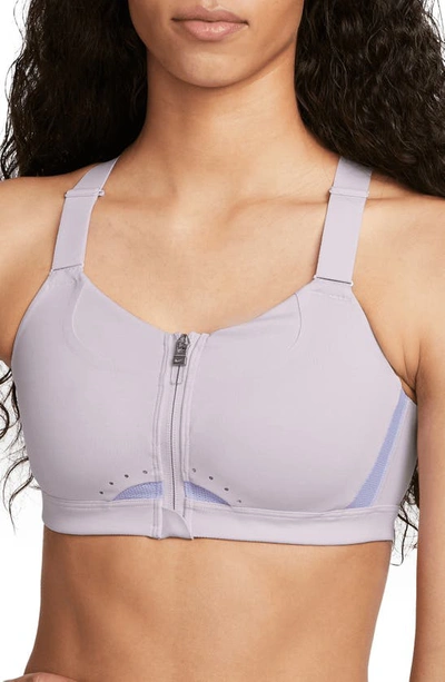 Shop Nike Dri-fit Alpha Padded Zip Front Sports Bra In Doll/ Light Thistle