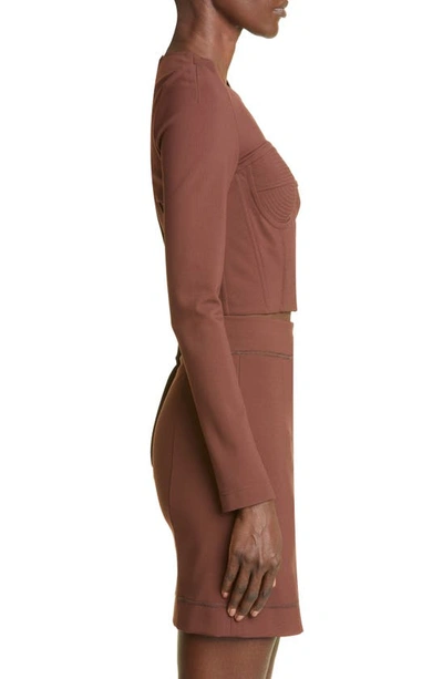 Shop Dolce & Gabbana Long Sleeve Crop Stretch Jersey Corset Top In M0023 Marrone Scuro 3