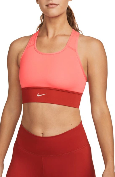 Shop Nike Dri-fit Swoosh Padded Longline Sports Bra In Bright Crimson/ Cinnabar