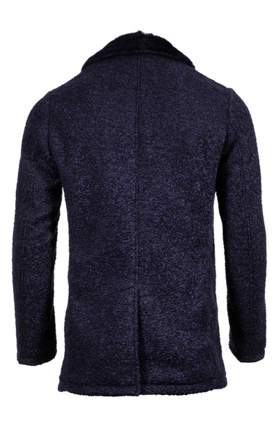 Shop Comstock & Co. Double Breasted Wool Blend Bouclé Jacket With Shearling Trim In Navy