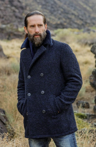 Shop Comstock & Co. Double Breasted Wool Blend Bouclé Jacket With Shearling Trim In Navy