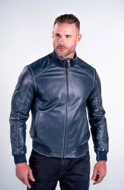Comstock & Co. Paratrooper Water Resistant Reversible Leather & Nylon Bomber Jacket in Navy