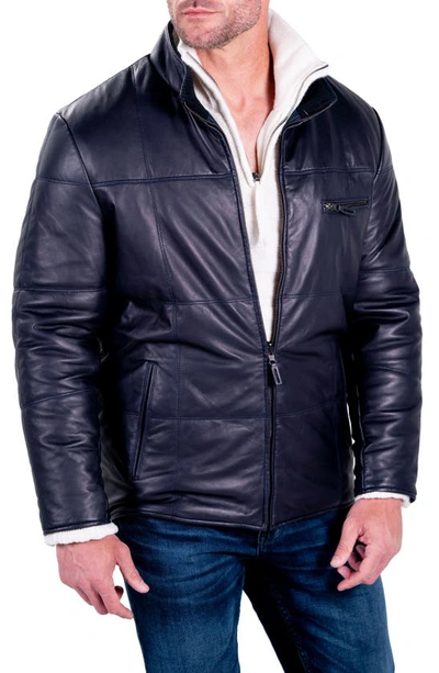 Shop Comstock & Co. Monaco Water Repellent Reversible Leather & Nylon Jacket In Navy