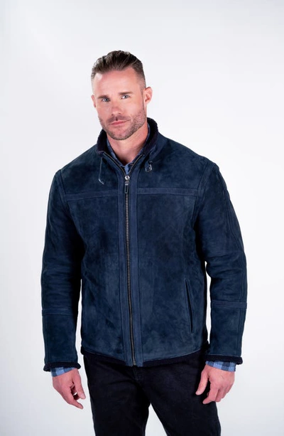 Shop Comstock & Co. Montana Suede Jacket With Genuine Shearling Trim In Navy