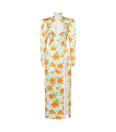 Shop Alessandra Rich Rose Print Silk Satin Dress In Yellow/orange