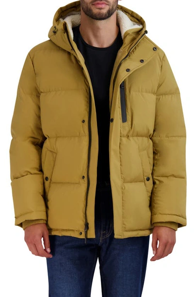 Shop Cole Haan Faux Shearling Lined Hooded Puffer Jacket In Khaki