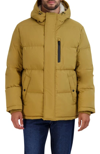Cole Haan Faux Shearling Lined Hooded Puffer Jacket In Khaki
