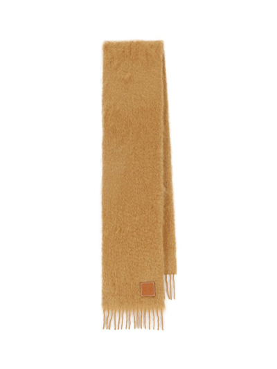 Shop Loewe Logo Patch Fringed Scarf In Brown