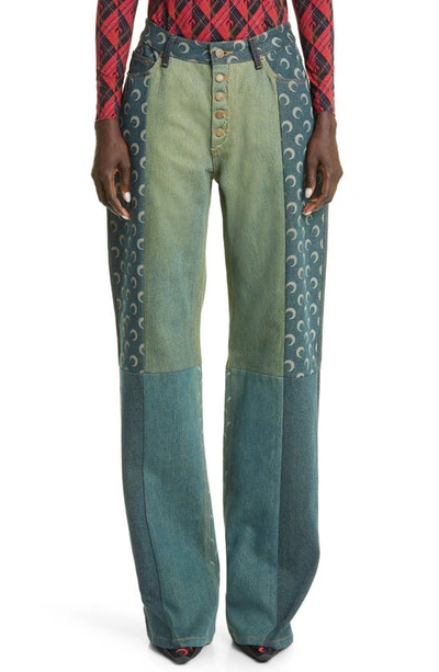 Marine Serre Moon Print Wide Leg Jeans In Green