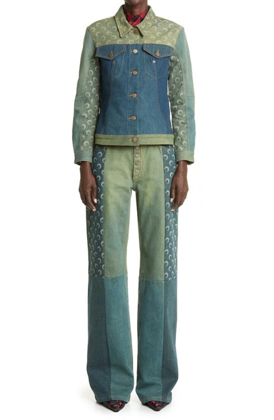 Marine Serre Moon Print Wide Leg Jeans In Green