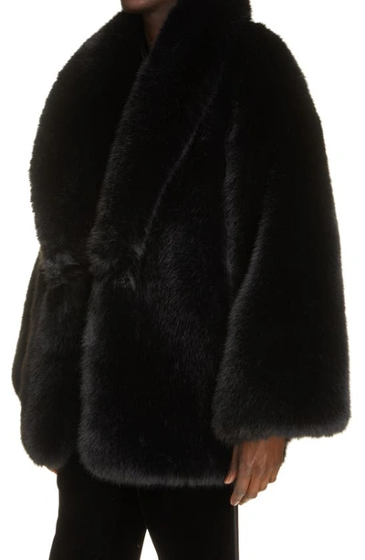 Shop Saint Laurent Shawl Collar Faux Fur Coat In Nero