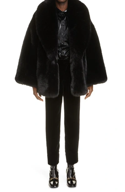 Shop Saint Laurent Shawl Collar Faux Fur Coat In Nero