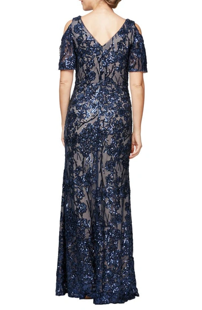 Alex Evenings Sequin Lace Cold Shoulder Trumpet Gown In Navy/nude