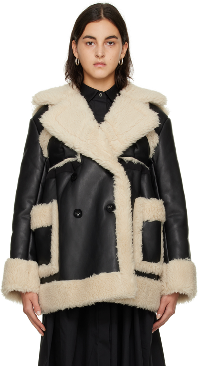 Shop Sacai Black & Off-white Paneled Faux-shearling Jacket In 022 Black×ecru