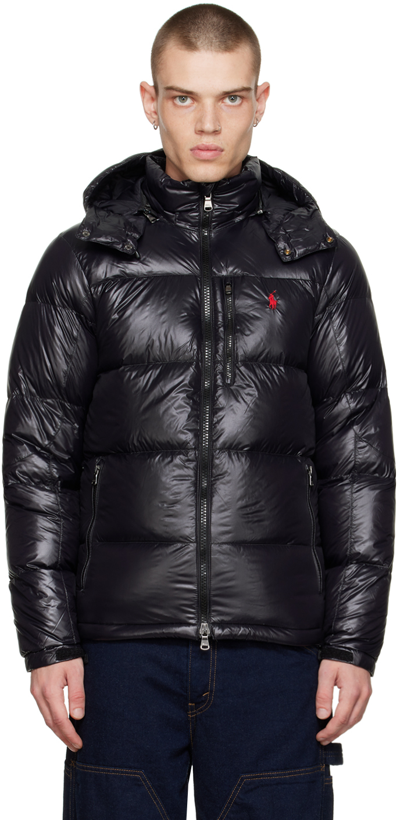 Shop Polo Ralph Lauren Black Embroidered Down Jacket In Polo Black Glossy