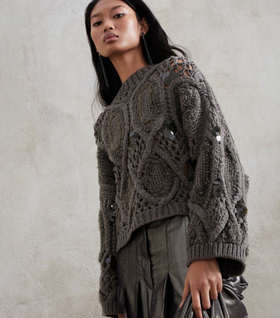 Shop Brunello Cucinelli Cashmere Embellished Cable-knit Sweater In Green