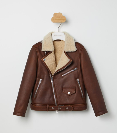 Shop Brunello Cucinelli Shearling Biker Jacket (4-12 Years) In Brown