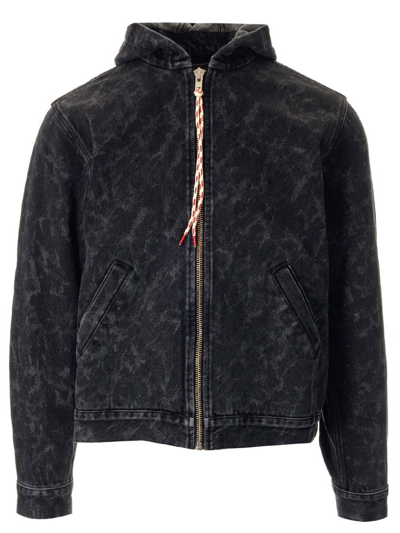Shop Aries Hooded Zipped Denim Jacket In Black