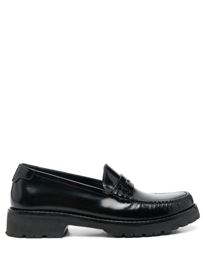 Shop Saint Laurent Le Loafer High-shine Finish Flat Shoes In Black