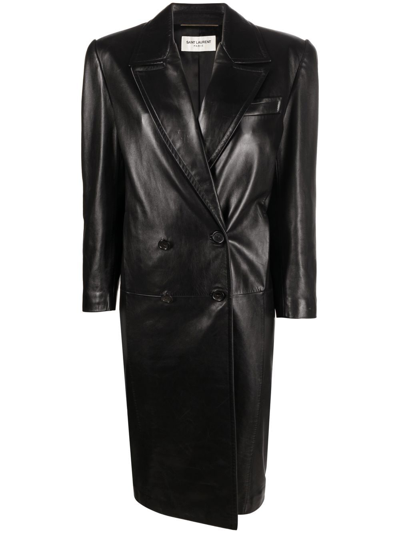 Shop Saint Laurent Double-breasted Leather Coat In Black
