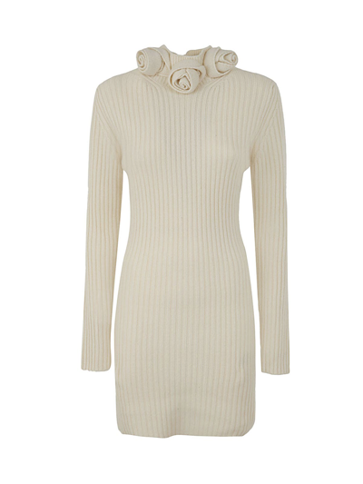 Shop Blumarine Knitted Mini Dress With Neck Detail In Ivory