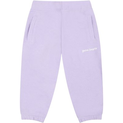 Shop Palm Angels Lilac Sweatpants For Baby Girl With White Logo In Violet