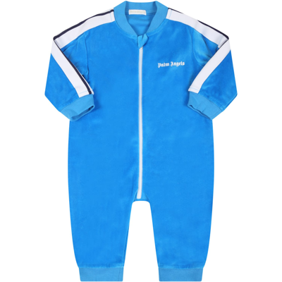 Shop Palm Angels Light-blue Jumpsuit For Babyboy With White Logo In Light Blue