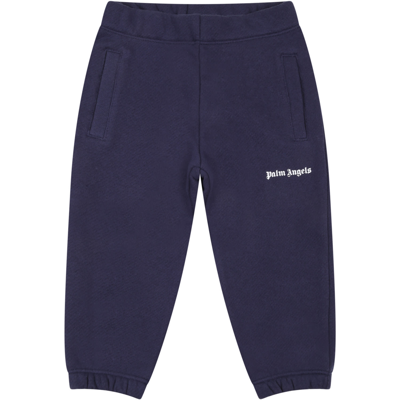 Shop Palm Angels Blue Sweatpants For Babies With White Logo