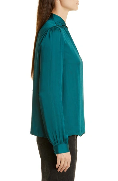 Shop Paige Ceres Cutout Twist Neck Satin Blouse In Midnight Cyan