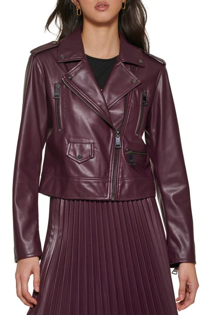 Shop Dkny Faux Leather Moto Jacket In Bordeaux