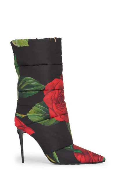 Shop Dolce & Gabbana Rose Print Quilted Boot In Hn3vr Rose/ Nero