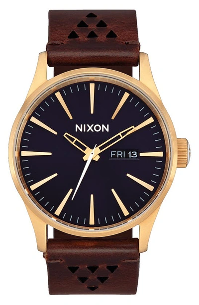 Shop Nixon The Sentry Leather Strap Watch, 42mm In Gold / Indigo / Brown