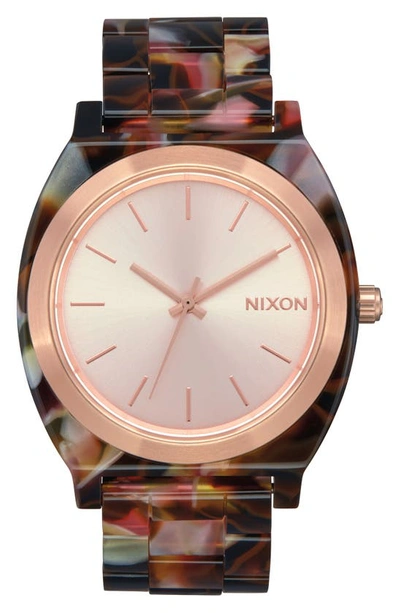 Shop Nixon The Time Teller Acetate Bracelet Watch, 40mm In Pink Tortoise/ Rose Gold