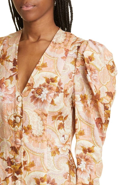 Shop Alemais Phillipa Floral Print Puff Sleeve Linen Minidress In Blush Floral
