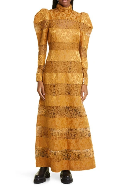 Shop Alemais Emilia Floral Lace Puff Sleeve Linen & Silk Midi Dress In Sandstone