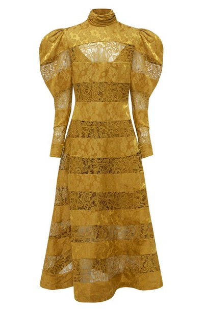 Shop Alemais Emilia Floral Lace Puff Sleeve Linen & Silk Midi Dress In Sandstone