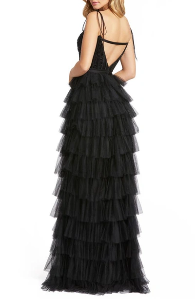 Mac Duggal Sequined Tie Bustier Tiered Ruffle Gown In Black