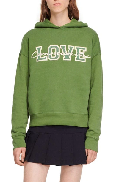 Sandro Mercier Love Embroidered Cotton Graphic Hoodie In Green | ModeSens