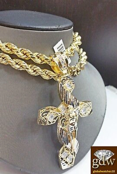 Pre-owned Globalwatches10 Real 10k Yellow Gold Men's Jesus Cross Charm/pendant With 28 Inches Rope Chain.