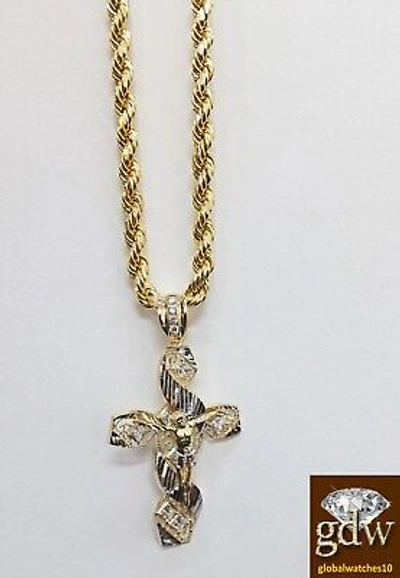 Pre-owned Globalwatches10 Real 10k Yellow Gold Men's Jesus Cross Charm/pendant With 28 Inches Rope Chain.