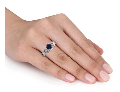 Pre-owned Harmony Lab-created Blue Sapphire 1.0 Ctw Engagement Ring And Bridal Wedding Set Wit In White